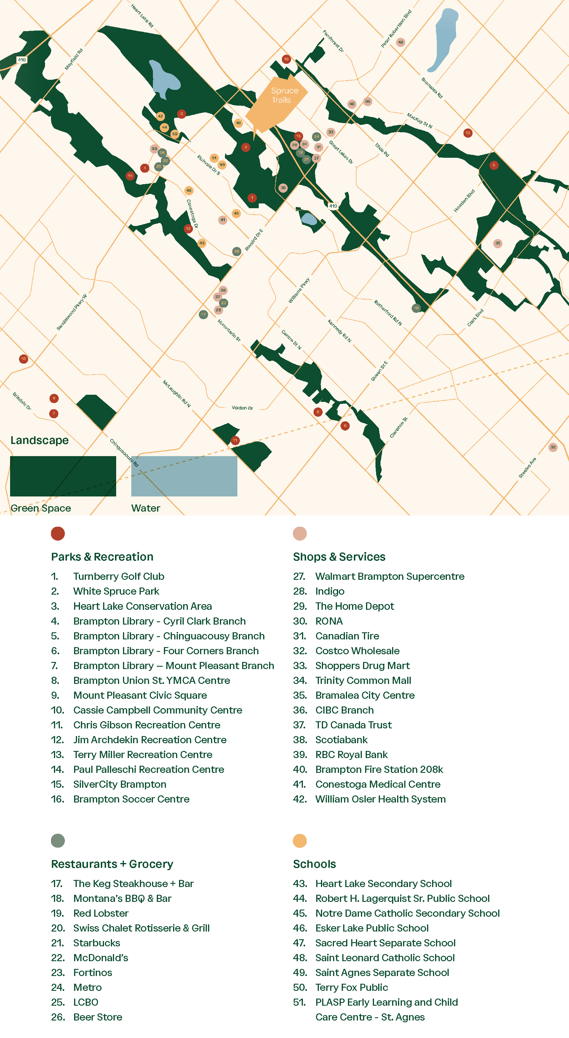 Spruce Trails neighbourhood amenities map — schools, parks, shopping near Heart Lake Brampton