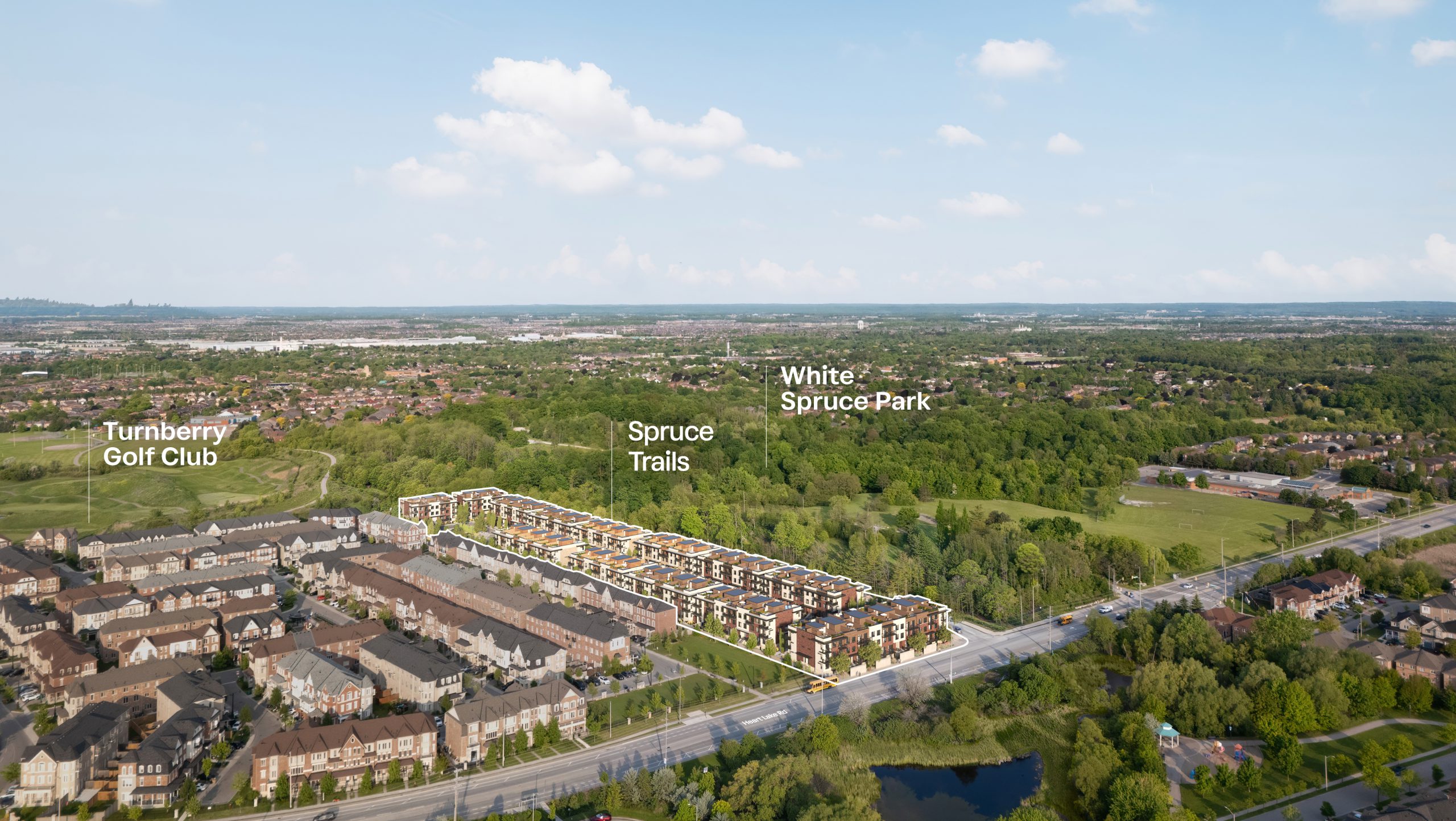 Aerial view of Spruce Trails beside White Spruce Park and Turnberry Golf Club, Heart Lake Brampton